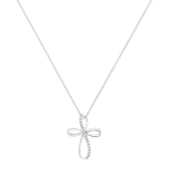 .925 Sterling Silver Diamond Accent Cross Ribbon 18" Pendant Necklace (I-J Color, I2-I3 Clarity)