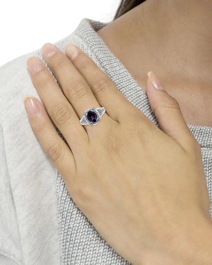 .925 Sterling Silver Prong Set Natural Oval Shape 9X7 MM Purple Amethyst Solitaire and Diamond Accent Ring (I-J Color, I1-I2 Clarity)