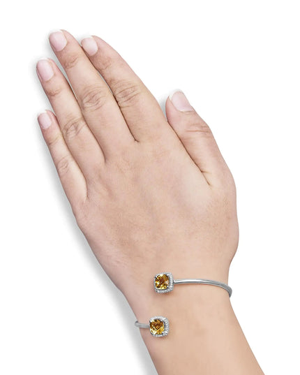 .925 Sterling Silver 8mm Cushion Cut Yellow Citrine Gemstone and Diamond Accent Split Bypass Bangle Bracelet (H-I Color, SI1-SI2 Clarity)  - Fits up to 7.75" Inches