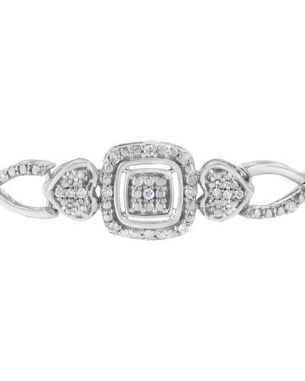 .925 Sterling Silver Diamond Cushion Frame Heart-Sides Twist 4”-10” Adjustable Bolo Tennis Bolo Bracelet (I-J Color, I3 Clarity)