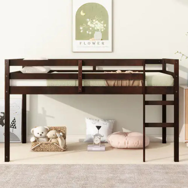 Rubber Wood Twin Loft Bed With Ladder, Espresso