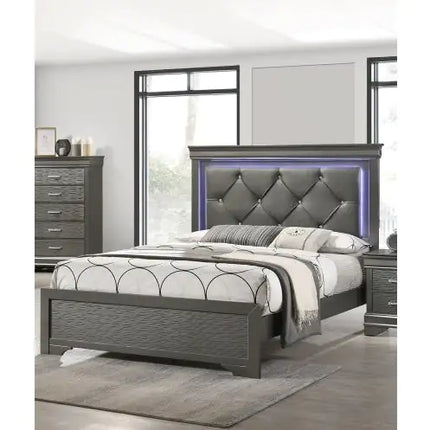 Queen Dark Gray Faux Leather Tufted Headboard With LED Light, Solid Wood