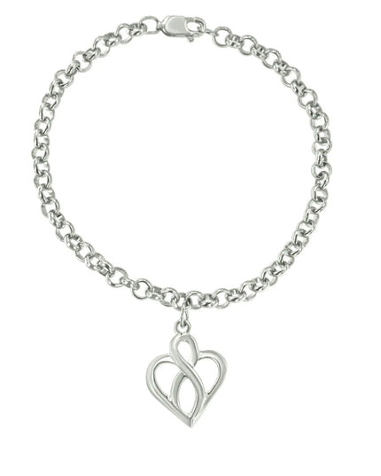 .925 Sterling Silver Open Heart with Center Vertical Infinity Chain Charm Bracelet - Size 7"