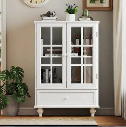 White Buffet Cabinet, Double Glass Doors, Drawer, Wooden Sideboard