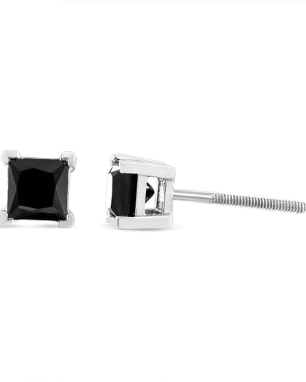 .925 Sterling Silver Princess-Cut Square Black Diamond Classic 4-Prong Stud Earrings with Screw Backs (Fancy Color-Enhanced, I2-I3 Clarity)