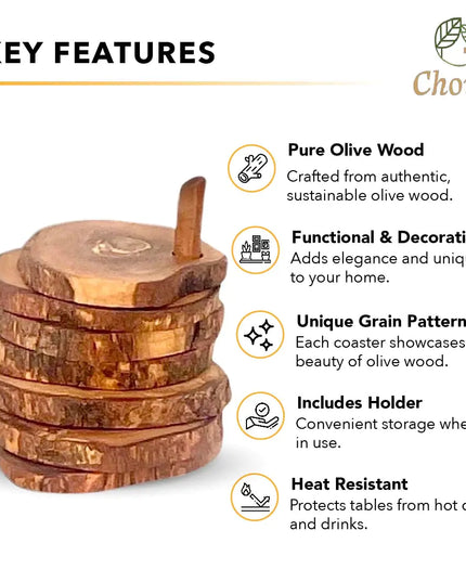 Olive Wood Coaster Set with Holder - 7 Pcs