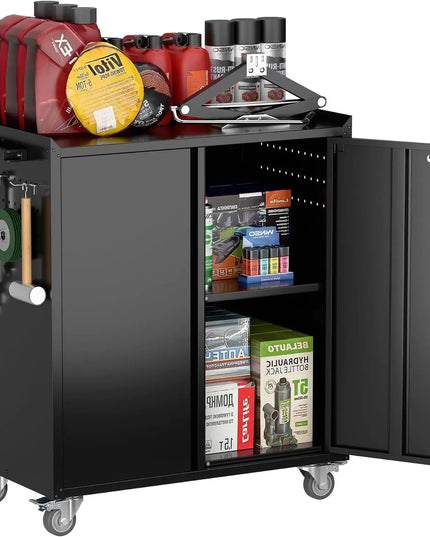 Black Steel Garage Storage Cabinet On Wheels With Pegboard, Hooks, Adjustable Shelves