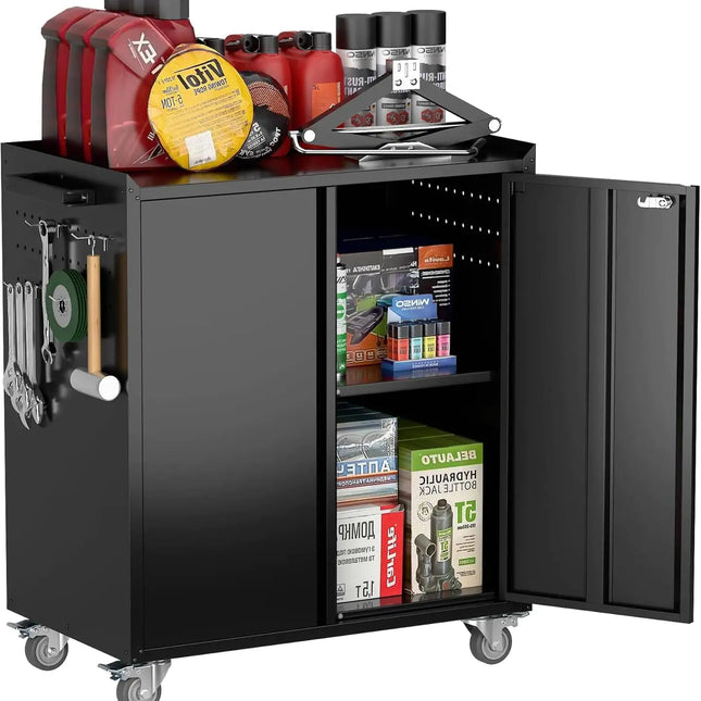 Black Steel Garage Storage Cabinet On Wheels With Pegboard, Hooks, Adjustable Shelves