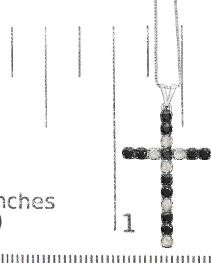 .925 Sterling Silver 2.0 Cttw Prong Set Round Natural Treated Black and White Diamond Cross Pendant Necklace - 18" (Black/H-I Color, I3 Clarity)
