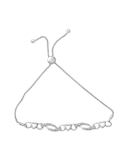 .925 Sterling Silver 1/10 Cttw Diamond Heart Link Adjustable Bolo Bracelet (I-J Color, I2-I3 Clarity) - 4 to 10 Inches
