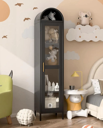 73" Metal Arched Cabinet With Glass Door, Black, 3 Adjustable Shelves