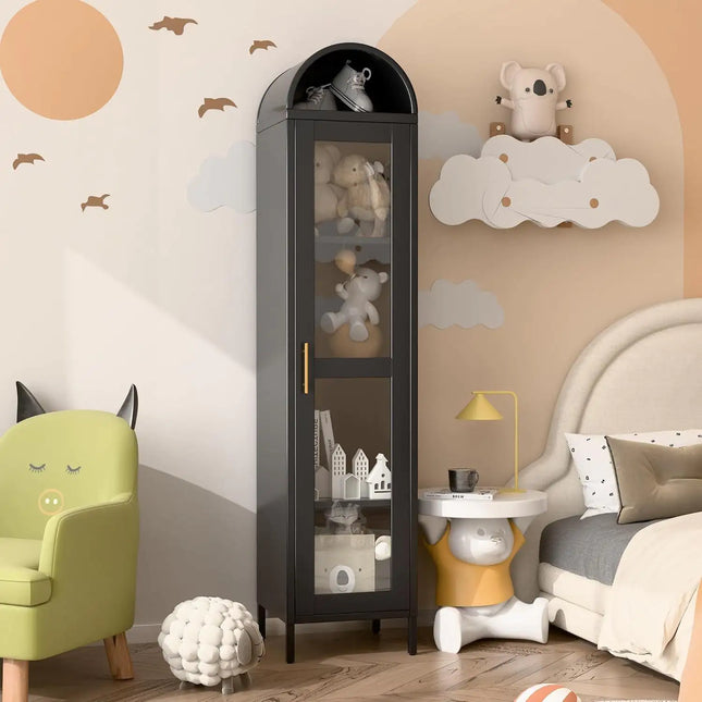 73" Metal Arched Cabinet With Glass Door, Black, 3 Adjustable Shelves