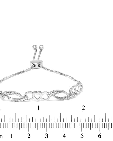 .925 Sterling Silver 1/10 Cttw Diamond Heart Link Adjustable Bolo Bracelet (I-J Color, I2-I3 Clarity) - 4 to 10 Inches