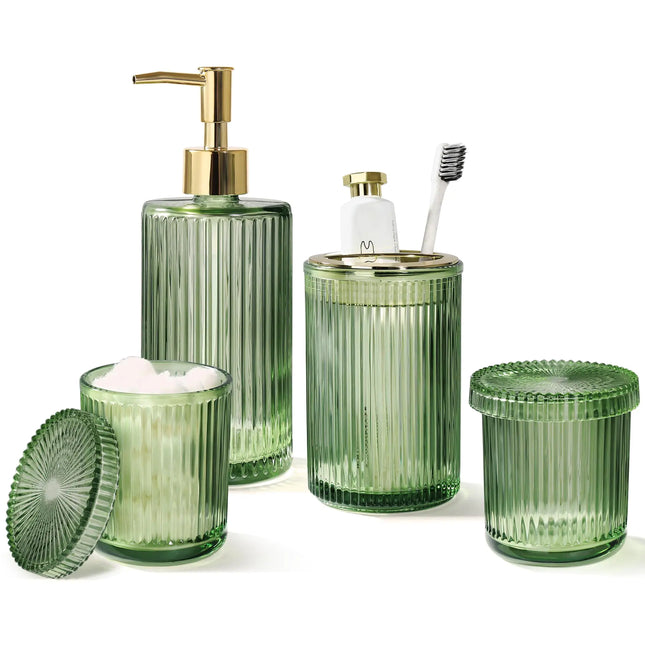 Green Glass Bathroom Accessories 4 Pcs Green Bathroom Set Green Soap Dispenser and Toothbrush Holder Set Qtip Holder Set Vintage Green Bathroom Sink Set Cute Bathroom Decor