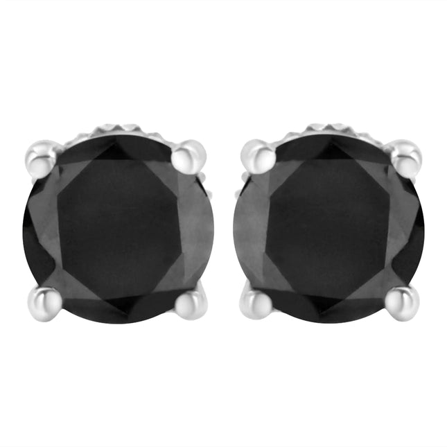 .925 Sterling Silver Round Brilliant-Cut Black Diamond Classic 4-Prong Stud Earrings with Screw Backs (Fancy Color-Enhanced, I2-I3 Clarity)