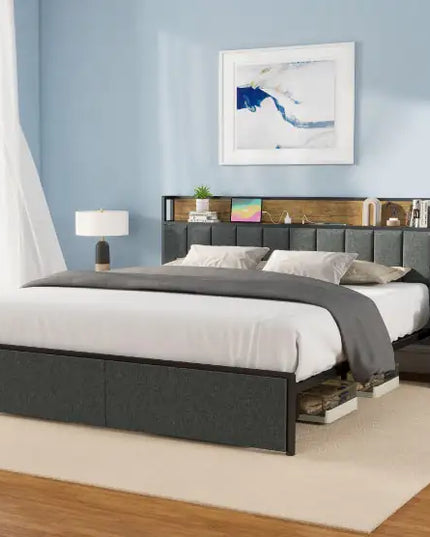 King Bed Frame With Charging Station, LED Lights, Upholstered Headboard, Storage Shelves