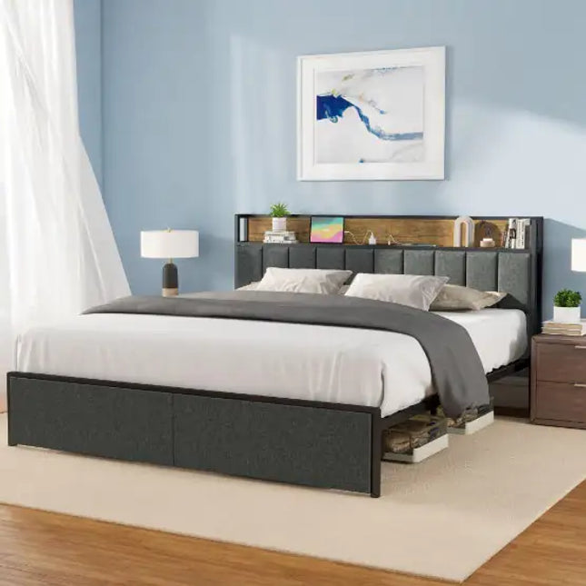 King Bed Frame With Charging Station, LED Lights, Upholstered Headboard, Storage Shelves