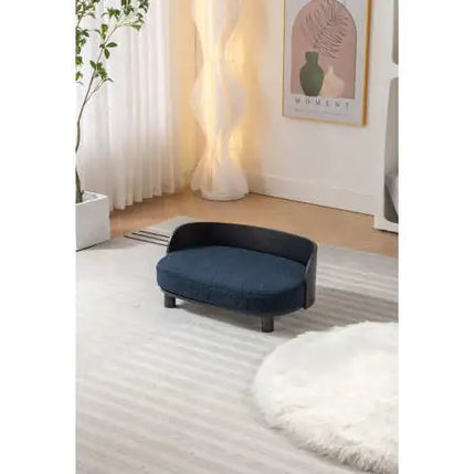 Scandinavian Style Elevated Dog Bed Pet Sofa With Solid Wood Legs And Bent Wood Back, Velvet Cushion, Dark Blue