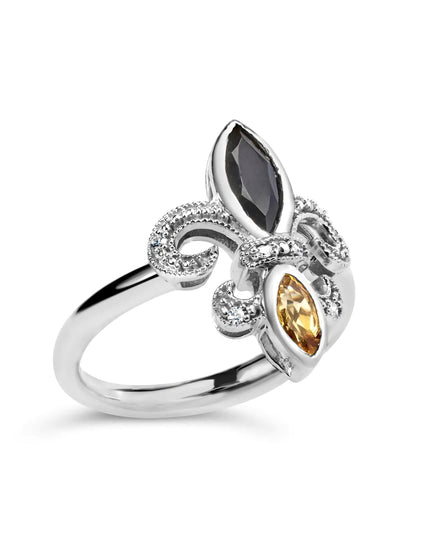 .925 Sterling Silver Black Onyx and Yellow Citrine Marquise and Diamond Accent Fleur De Lis Ring (H-I Color, SI1-SI2 Clarity)