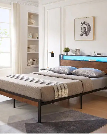 Metal Platform Bed Frame, Full Size, Wooden Headboard, Footboard, USB Liner