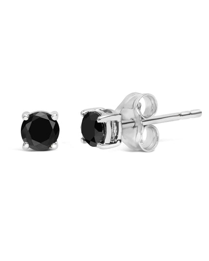 .925 Sterling Silver Black Diamond Solitaire Stud Earrings (Black Color, I2-I3 Clarity)