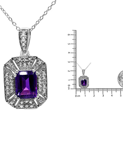 .925 Sterling Silver Purple Amethyst and Diamond Accent Art Deco Style 18" Pendant Necklace (I-J Color, I1-I2 Clarity)