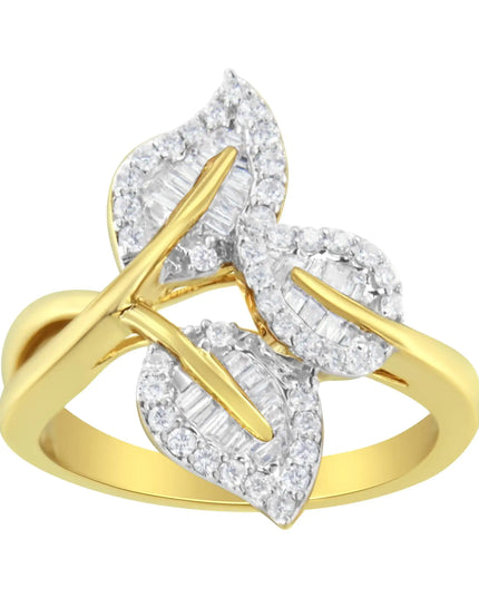 18K Yellow and White Gold Plated .925 Sterling Silver 3/8 Cttw Baguette and Round Diamond Bypass Triple Leaf Ring (I-J Color, I1-I2 Clarity)
