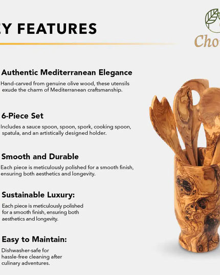 Olive Wood Kitchen Servers Set w/Holder - 6 Pcs
