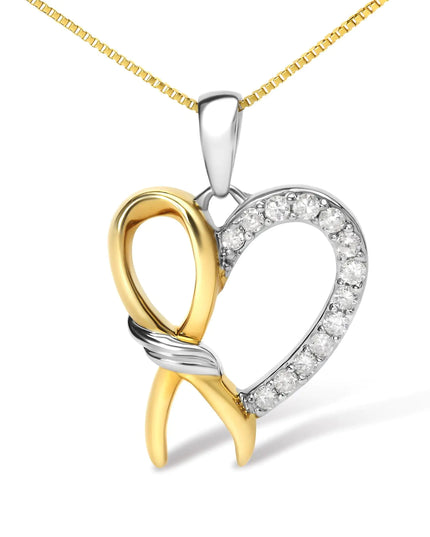 10K Yellow Gold Plated .925 Sterling Silver 1/5 Cttw Diamond Ribbon Heart Pendant Necklace (H-I Color, I2-I3 Clarity) - 18"