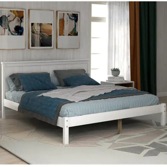 Full White Platform Bed Frame, Wood Slat Support