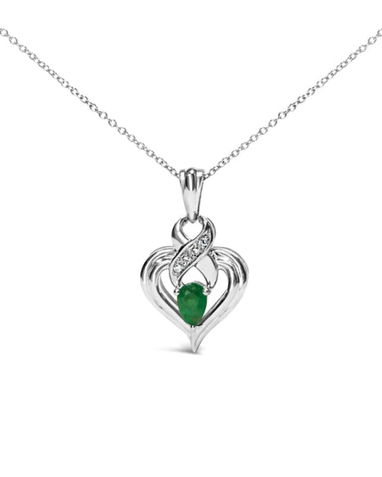 .925 Sterling Silver 6x4mm Pear Emerald and Diamond Accent Heart Pendant Necklace (H-I Color, SI1-SI2 Clarity) - 18 Inches
