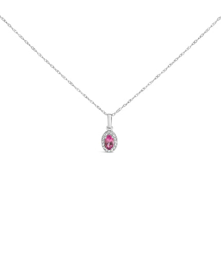 10K White Gold 5x3mm Gemstone and Diamond Accent Halo Oval Shape 18" Pendant Necklace (I-J Color, I1-I2 Clarity)