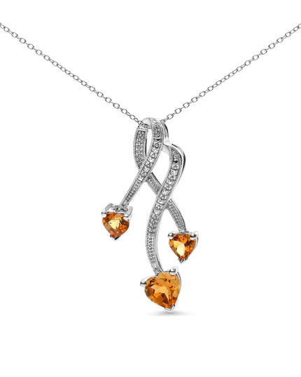 .925 Sterling Silver 3-Stone Heart Shape Citrine and Diamond Accent Spiral Drop 18" Pendant Necklace (H-I Color, SI1-SI2 Clarity)