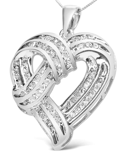 .925 Sterling Silver 1 1/4 Cttw Round Diamond Openwork Ribbon Weave Heart Pendant 18" Necklace (I-J Color, I3 Clarity)