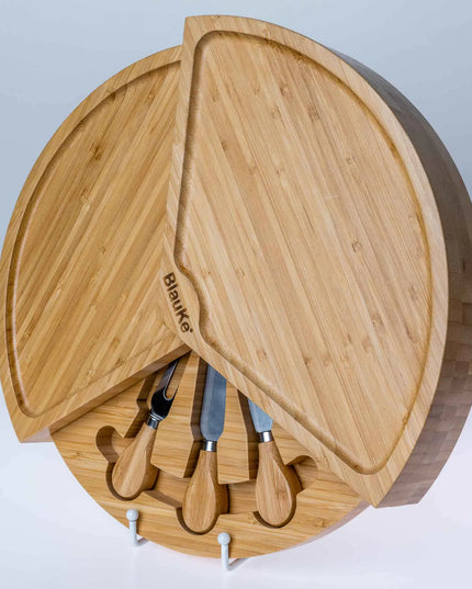 Bamboo Cheese Board Set - 14 Inch Swivel Charcuterie Board With Drawer - Round Serving Tray