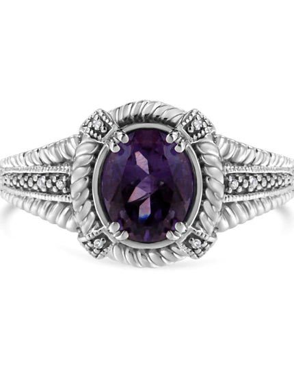 .925 Sterling Silver Prong Set Natural Oval Shape 9X7 MM Purple Amethyst Solitaire and Diamond Accent Ring (I-J Color, I1-I2 Clarity)