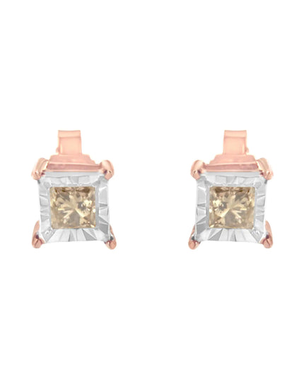 14K Rose Gold Plated Two-Tone .925 Sterling Silver 1/2 Cttw Princess-Cut Square Diamond Solitaire Miracle-Plate Stud Earrings (K-L Color, I2-I3 Clarity)