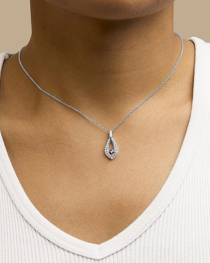 .925 Sterling Silver Created Red Ruby and White Sapphire Pear Shaped Pendant Necklace - 18" Inches