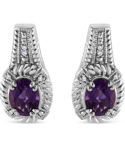 .925 Sterling Silver 8x6 MM Natural Oval Purple Amethyst Gemstone and Diamond Accent Art Deco Style Drop and Dangle Earrings (I-J Color, I1-I2 Clarity)