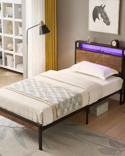 Twin Metal Platform Bed Frame With Wooden Headboard/footboard, USB Liner