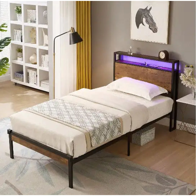 Twin Metal Platform Bed Frame With Wooden Headboard/footboard, USB Liner