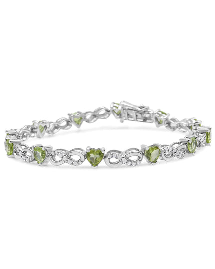 .925 Sterling Silver 1.00 Cttw Diamond and 4.00mm Lab Created Green Heart-Shaped Peridot Infinity Link Bracelet (I-J Color, I2-I3 Clarity) - 7.25"