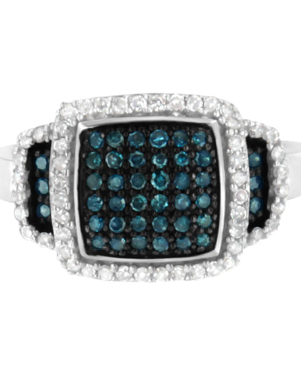 Black Rhodium Plated .925 Sterling Silver 1/2 Cttw White & Blue Diamond Square Halo Cocktail Ring (Fancy Blue & H-I Color, I2-I3 Clarity)