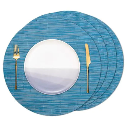 Set of 4 Round 15" Blue Vinyl Placemats – Heat Resistant, Washable, Non-Slip Woven Table Mats for Dining