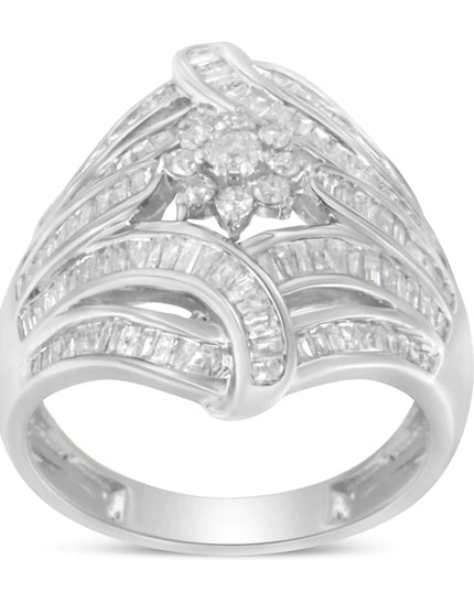.925 Sterling Silver 1-1/8 Cttw Round & Baguette Diamond 'Flower & Fern' Cluster Cocktail Fashion Ring (I-J Color, I2-I3 Clarity)