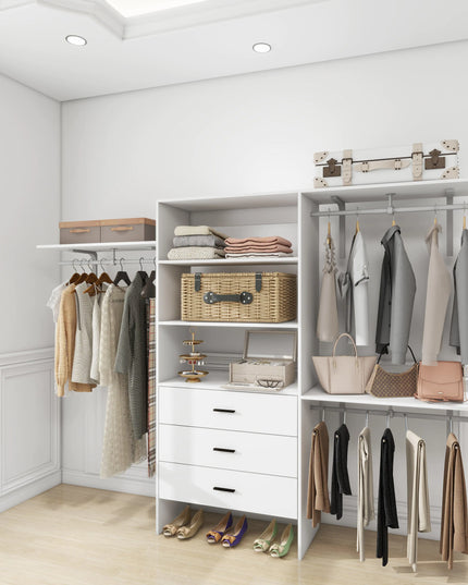 White Wooden Closet Organizer System – Wall-Mounted Shelves, Drawers & Hanging Rod for Clothes Storage