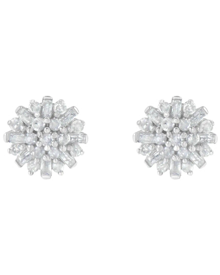 .925 Sterling Silver 1/2 Round and Baguette Diamond Sunburst Floral Cluster Stud Earrings (I-J Color, I3 Clarity)