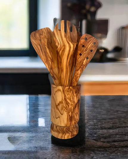 Olive Wood Kitchen Servers Set w/Holder - 6 Pcs