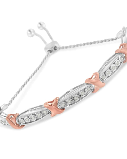 .925 Sterling Silver 1/4 Cttw Round-Cut Diamond X & Tapered Bar Miracle-Set Bolo Bracelet (I-J Color, I3 Clarity) - Two Tone Rose Gold & Silver
