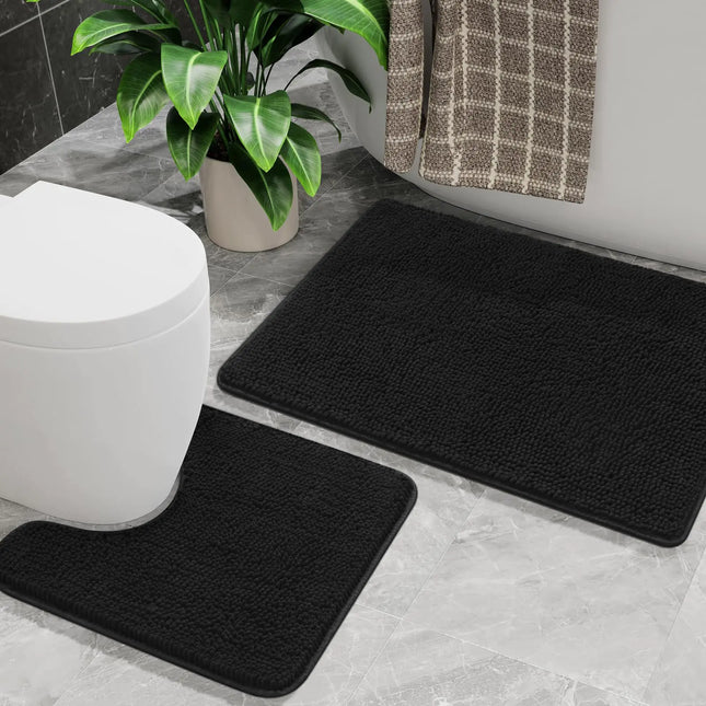 Bathroom Rug Sets 2 Piece 20"x20" U-Shaped Toilet Mat and 21"×34" Bath Mats Bathroom Floor Set Machine Washable Bath Rug Set Absorbent and Dry Quickly Soft Non Slip Bathroom Rug Set Black